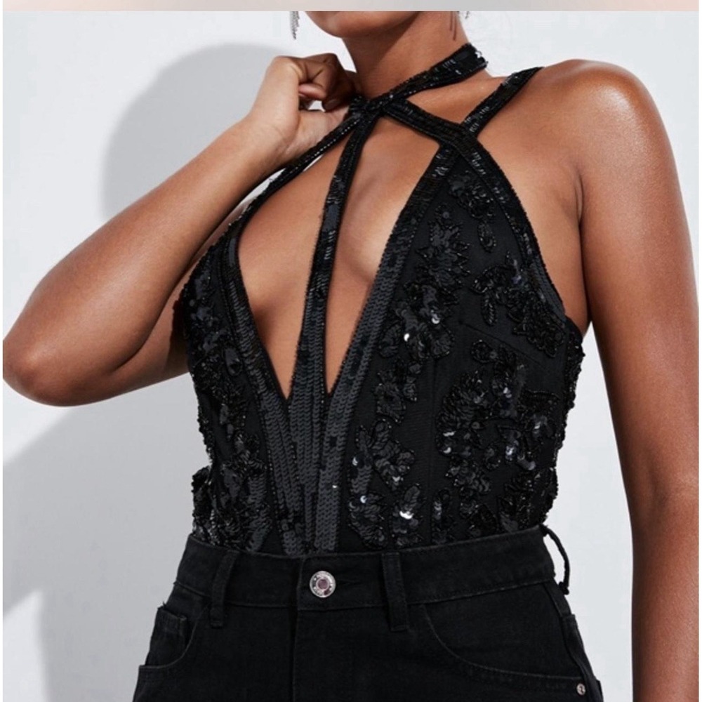 NW Missguided Peace And Love Black Sequined Bodysuit size 4 Club Dance Night-out